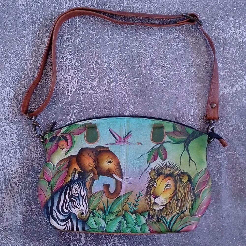 Anuschka Safari Jungle Hand-Painted Leather Satchel Wearable Art Statement Bag